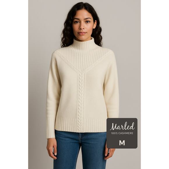 Marled 100% Cashmere Mock Neck Sweater Ivory, Size M - Picture 1 of 7